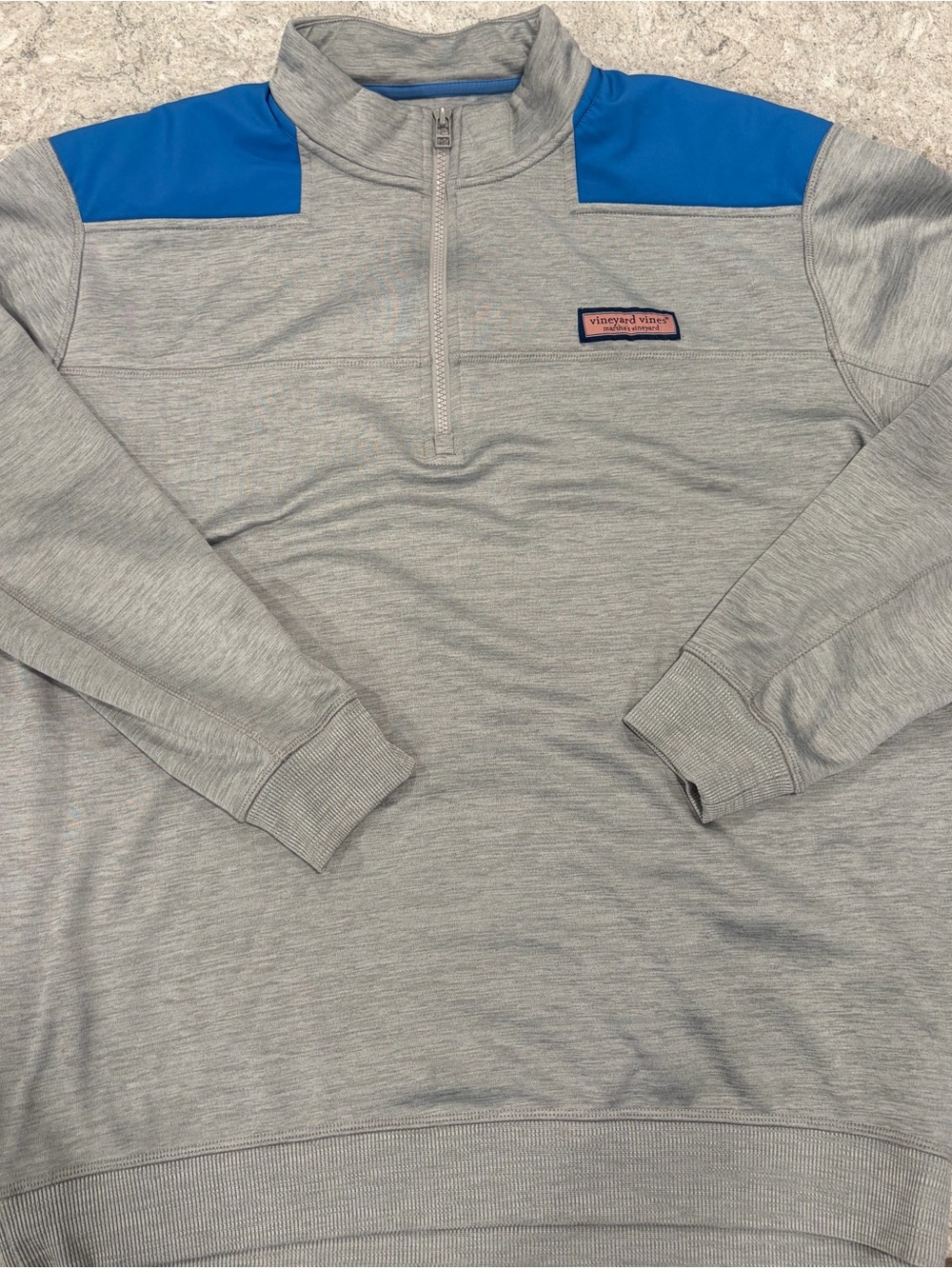 Vineyard Vines Heather Gray Quarter-Zip Pullover with Blue Shoulder Panels